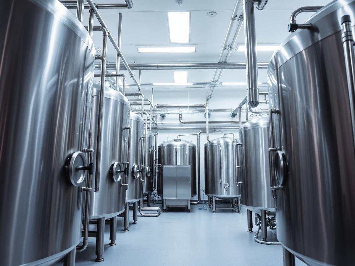 Stainless steel pasteurisation tanks inside the Andhra Dairy plant