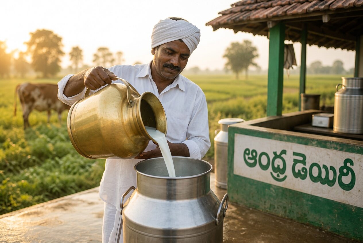 A farmer pouring fresh milk into a steel can at an Andhra Dairy collection centre