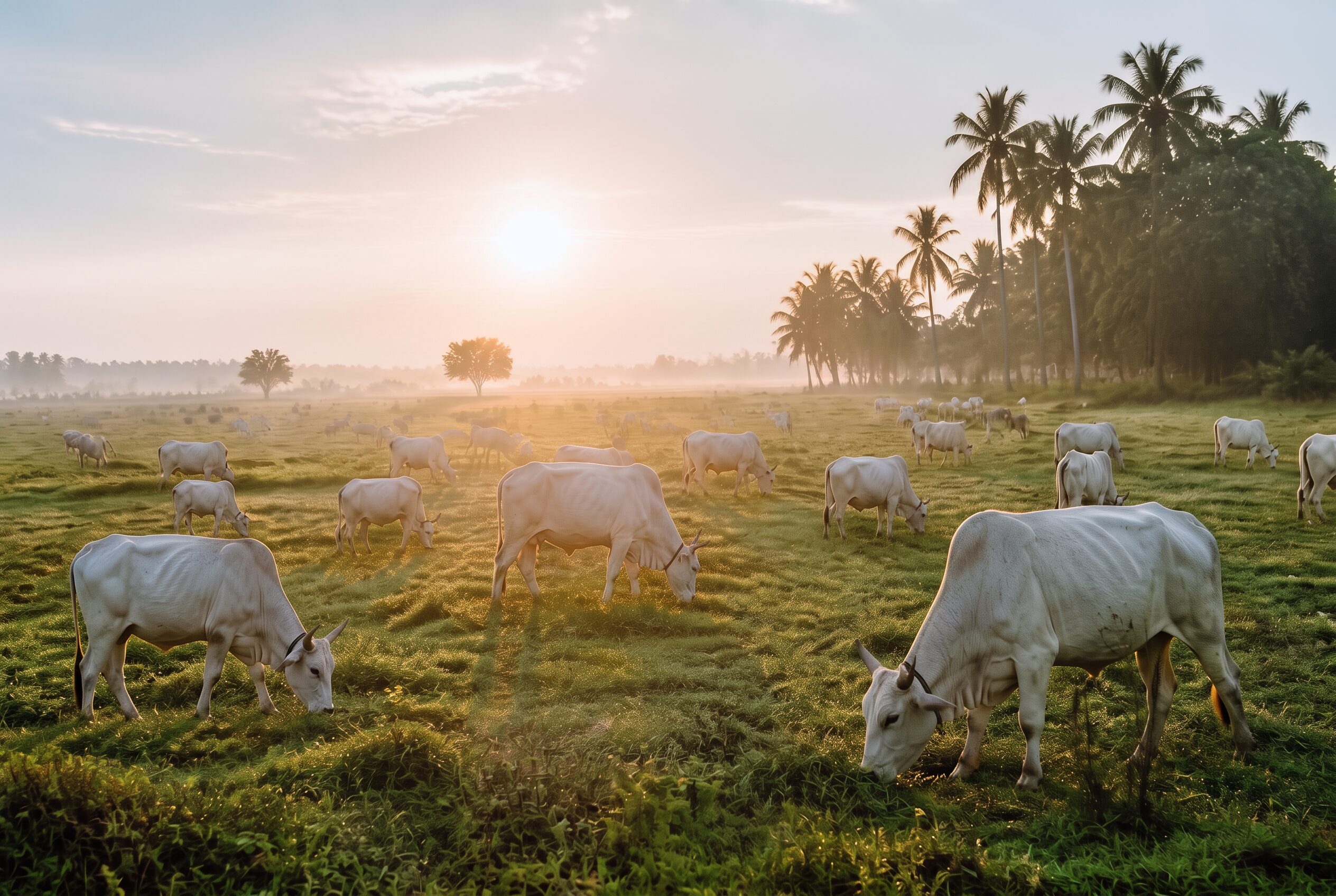Dairy cows and calves in a pasture at golden sunrise